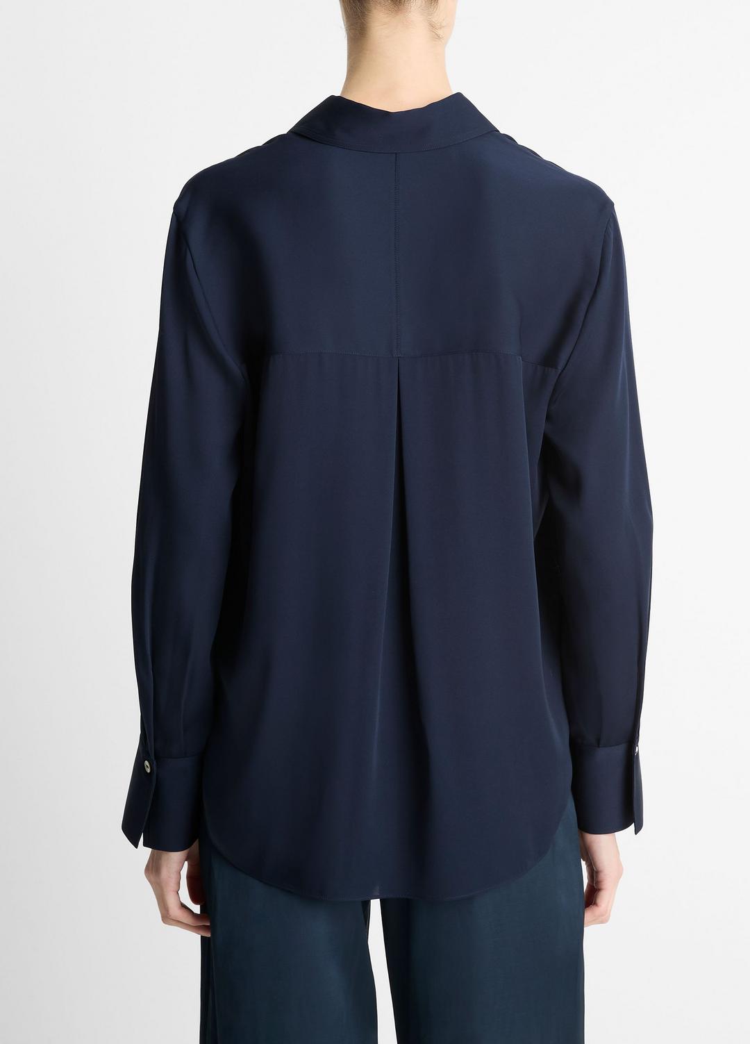 VINCE Women Stretch-Silk Button-Front Blouse in Long Sleeve COASTAL BLUE