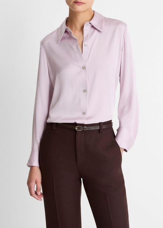 VINCE Women Silk-Blend Slim Button-Front Blouse in Long Sleeve IRIS QUARTZ