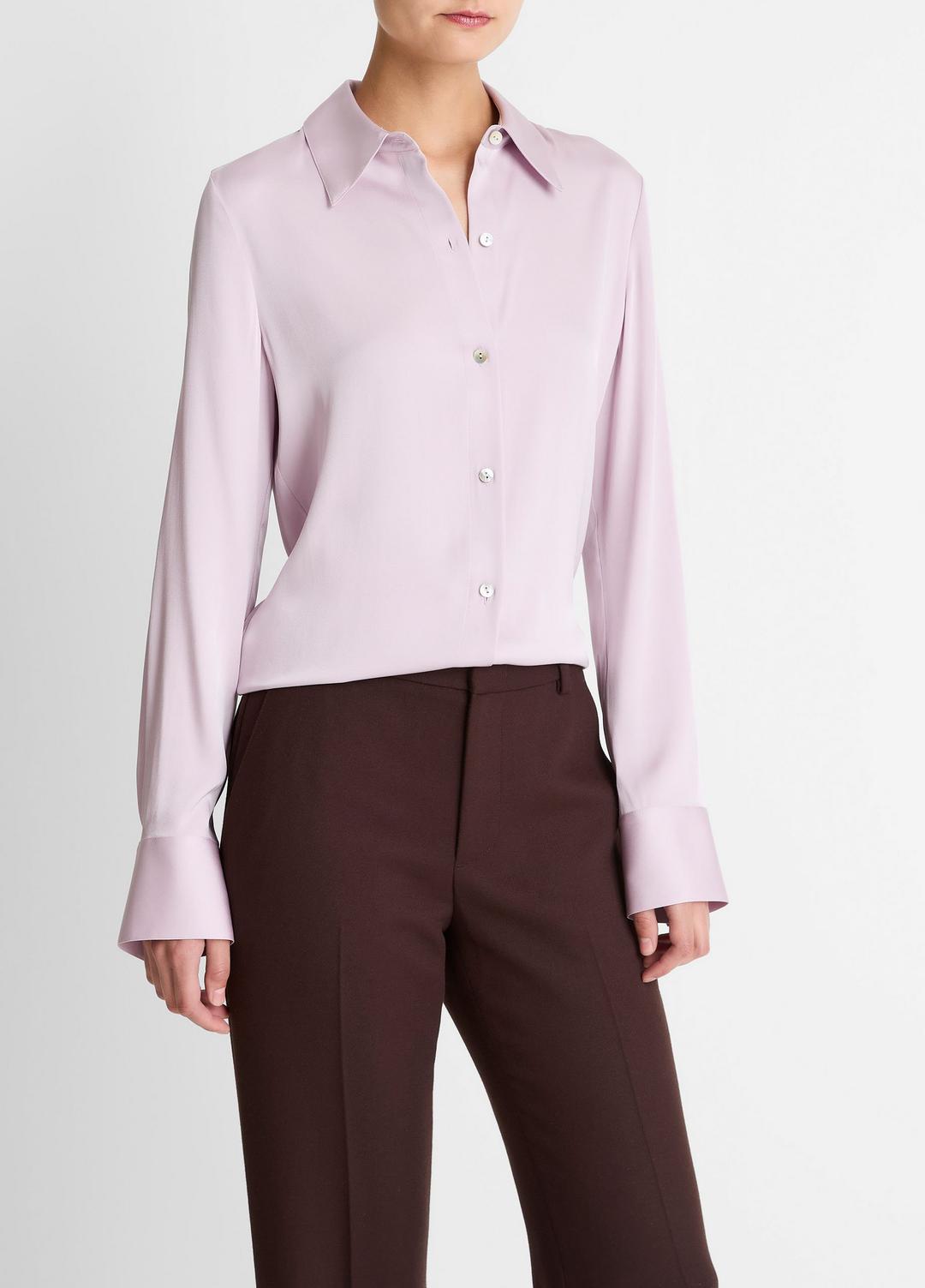 VINCE Women Silk-Blend Slim Button-Front Blouse in Long Sleeve IRIS QUARTZ