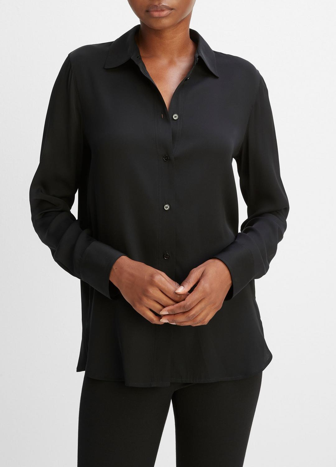 VINCE Women Slim Fitted Stretch-Silk Blouse in Long Sleeve BLACK