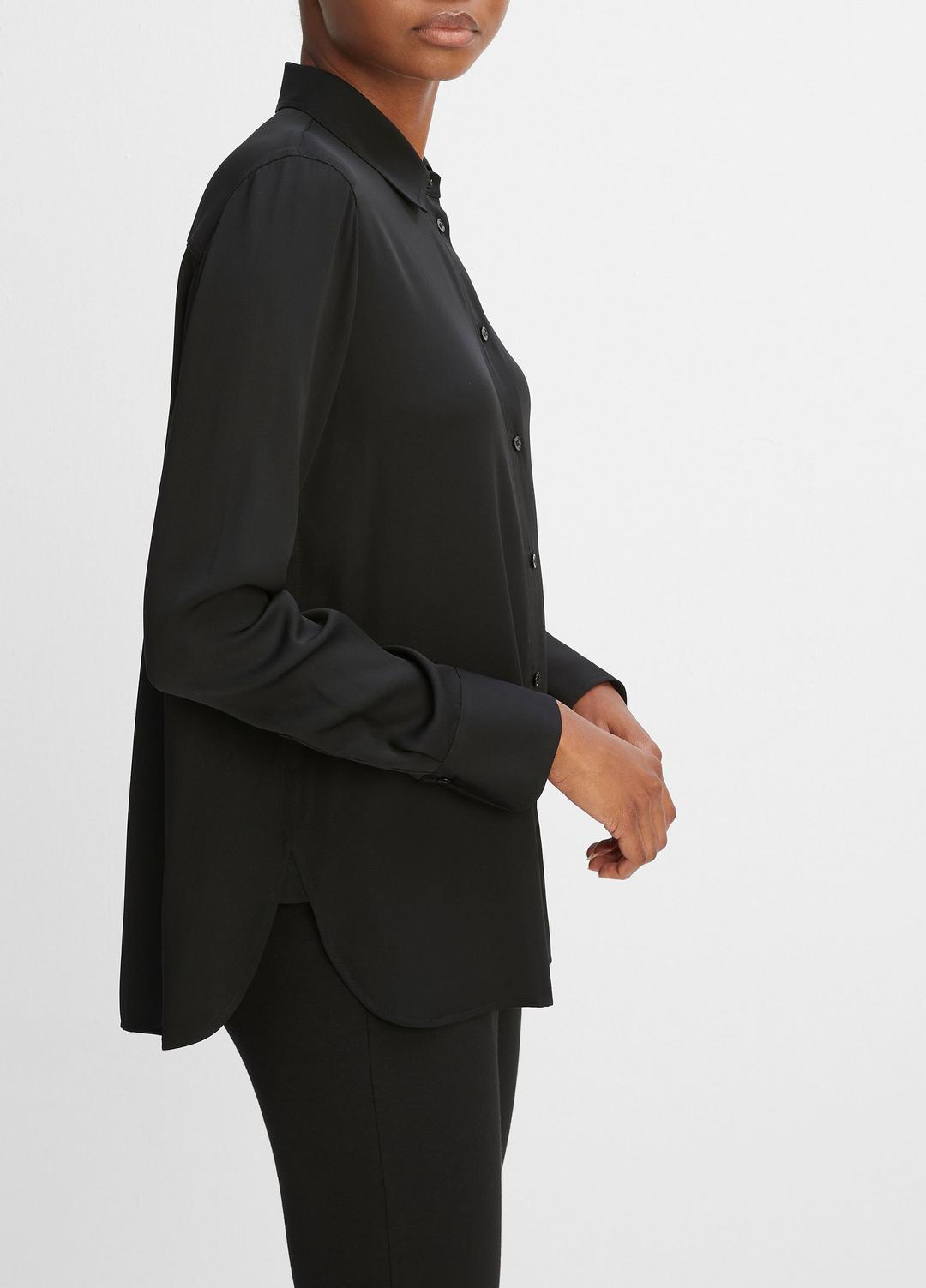 VINCE Women Slim Fitted Stretch-Silk Blouse in Long Sleeve BLACK