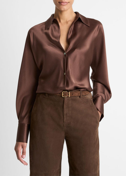 VINCE Women Silk Bias Long-Sleeve Blouse in Long Sleeve ESPRESSO