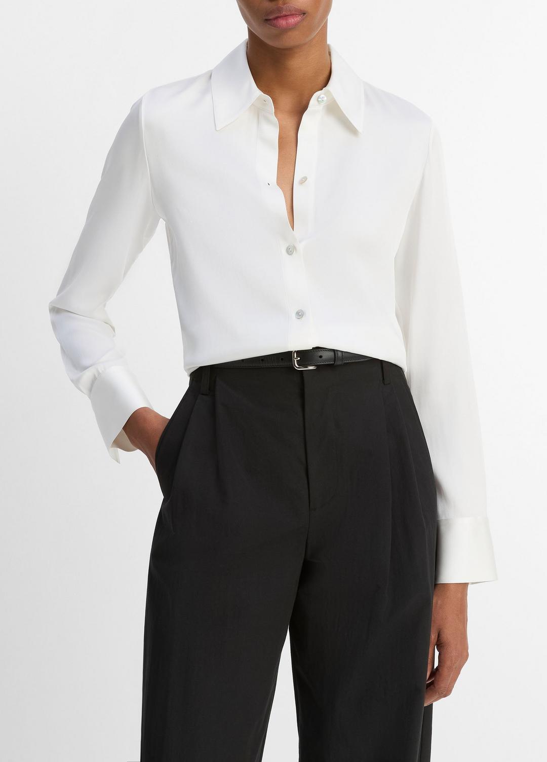 VINCE Women Silk-Blend Slim Button-Front Blouse in Long Sleeve OFF WHITE