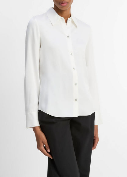 VINCE Women Silk-Blend Slim Button-Front Blouse in Long Sleeve OFF WHITE