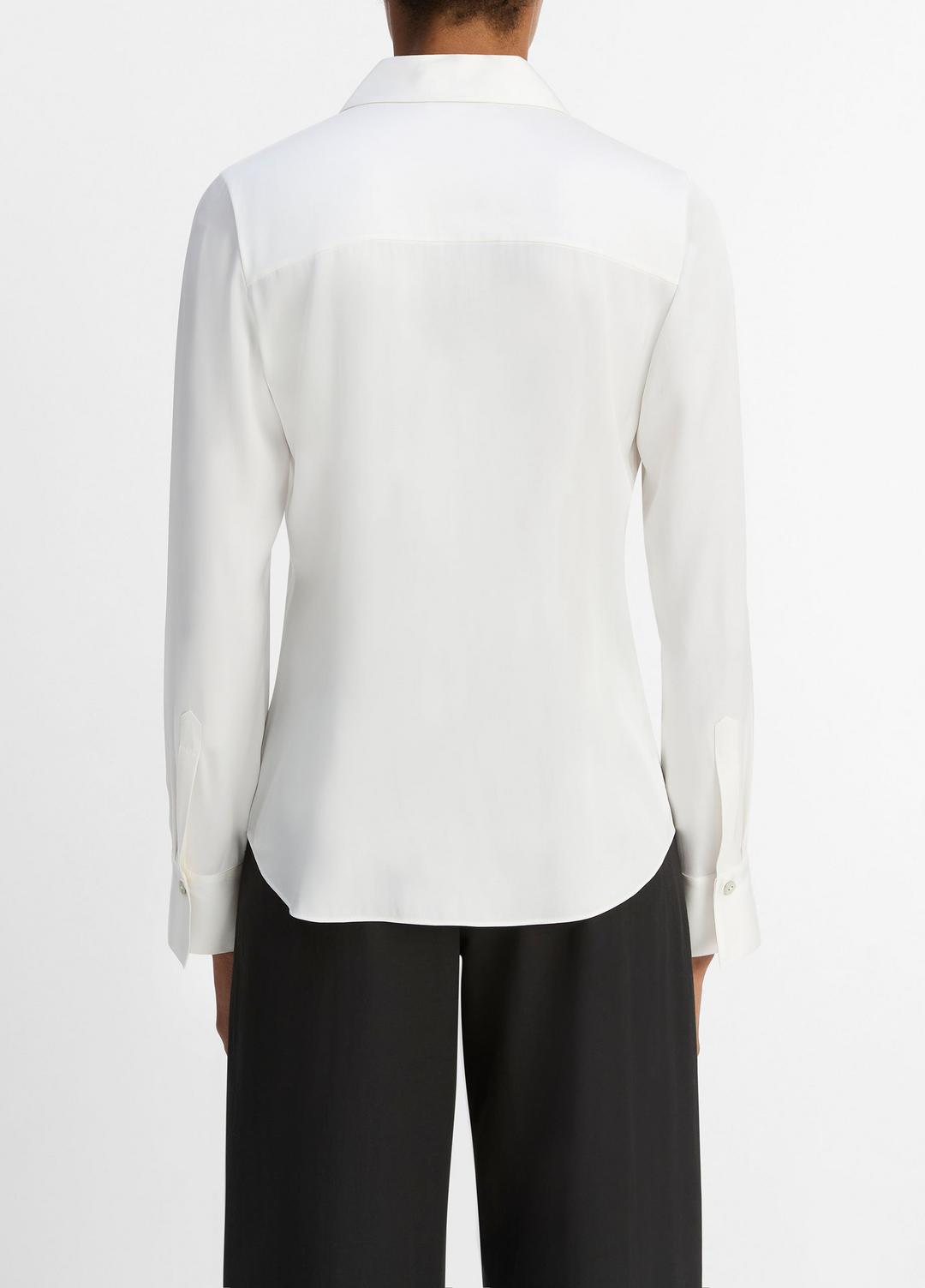 VINCE Women Silk-Blend Slim Button-Front Blouse in Long Sleeve OFF WHITE