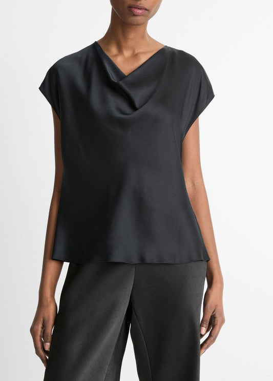 VINCE Women Silk Cowl-Neck Blouse in Short Sleeve BLACK