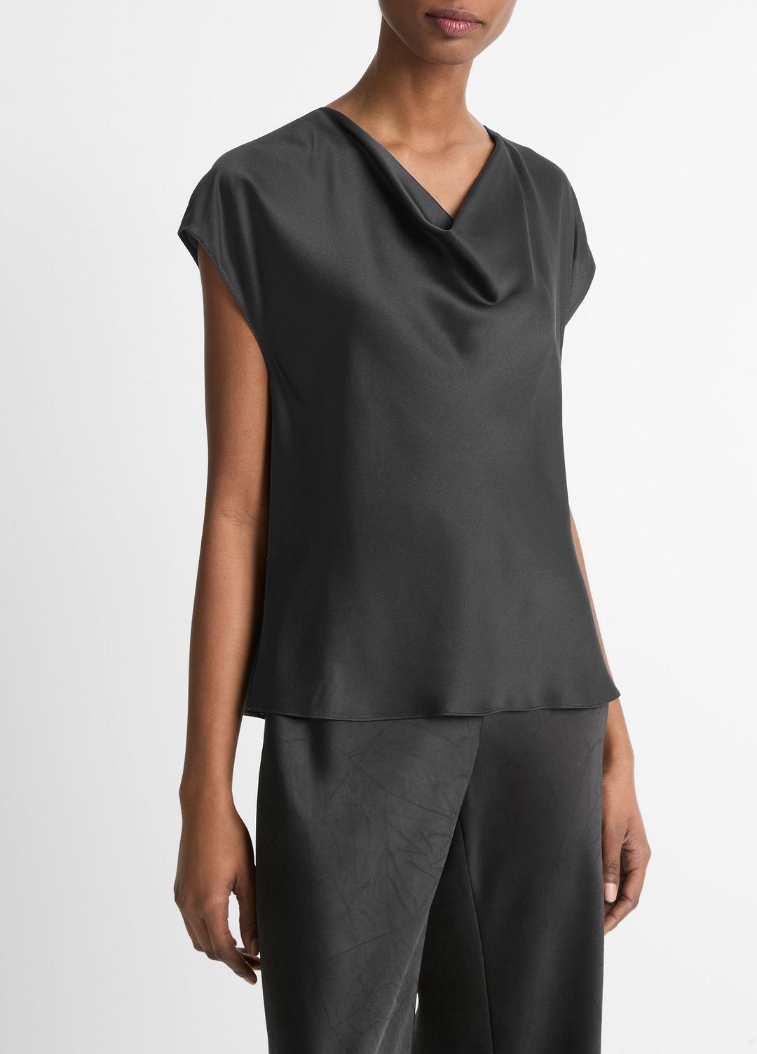 VINCE Women Silk Cowl-Neck Blouse in Short Sleeve BLACK