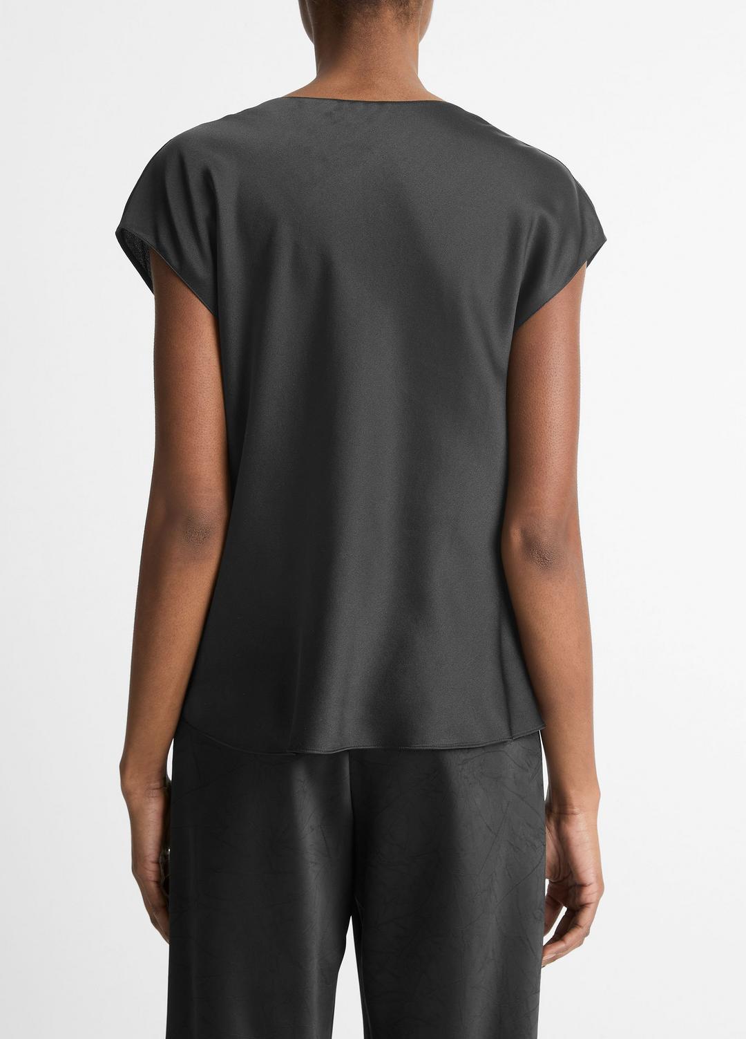 VINCE Women Silk Cowl-Neck Blouse in Short Sleeve BLACK