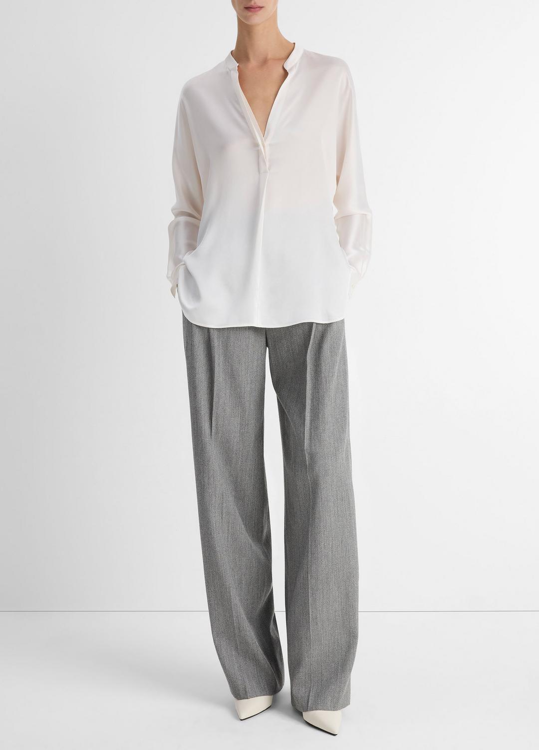 VINCE Women Silk Satin Band-Collar Blouse in Long Sleeve OPTIC WHITE