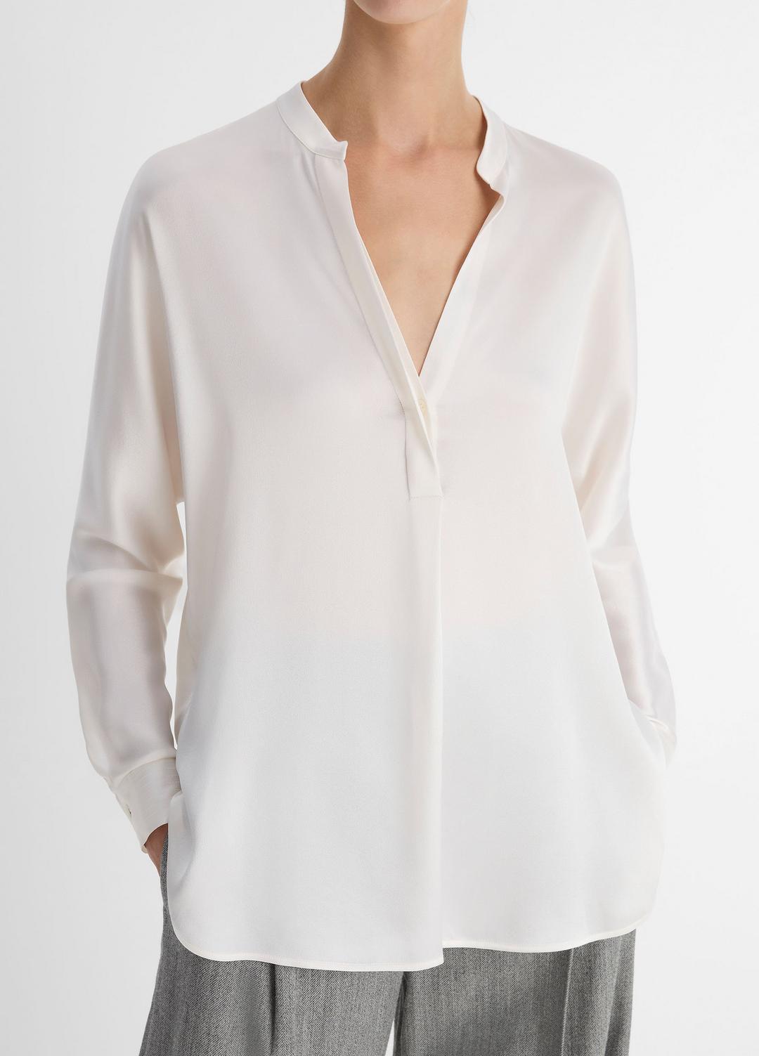 VINCE Women Silk Satin Band-Collar Blouse in Long Sleeve OPTIC WHITE