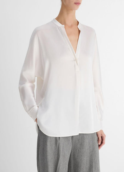 VINCE Women Silk Satin Band-Collar Blouse in Long Sleeve OPTIC WHITE