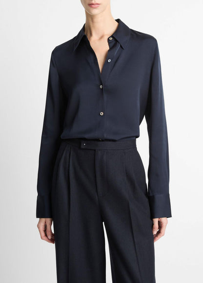 VINCE Women Silk-Blend Slim Button-Front Blouse in Long Sleeve COASTAL BLUE
