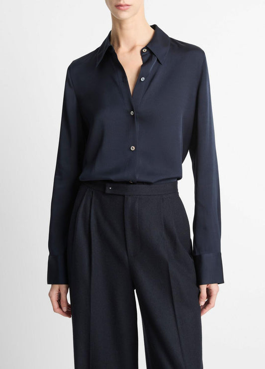 VINCE Women Silk-Blend Slim Button-Front Blouse in Long Sleeve COASTAL BLUE