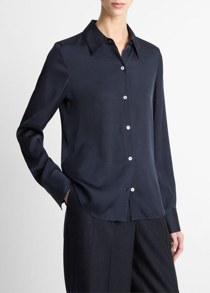 VINCE Women Silk-Blend Slim Button-Front Blouse in Long Sleeve COASTAL BLUE