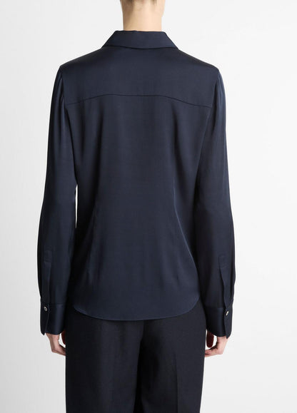 VINCE Women Silk-Blend Slim Button-Front Blouse in Long Sleeve COASTAL BLUE