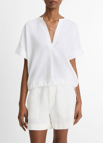 VINCE Women Linen Drawcord-Hem Blouse in Short Sleeve OPTIC WHITE