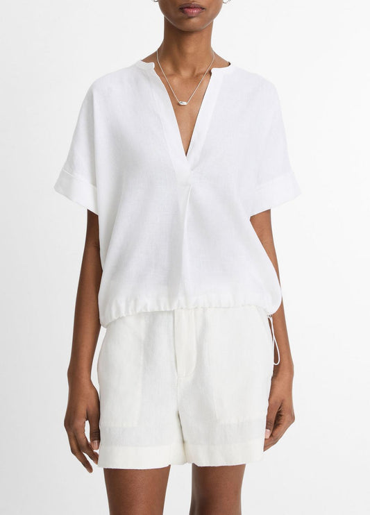 VINCE Women Linen Drawcord-Hem Blouse in Short Sleeve OPTIC WHITE