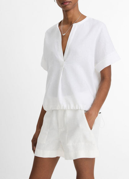 VINCE Women Linen Drawcord-Hem Blouse in Short Sleeve OPTIC WHITE
