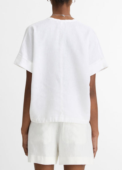 VINCE Women Linen Drawcord-Hem Blouse in Short Sleeve OPTIC WHITE