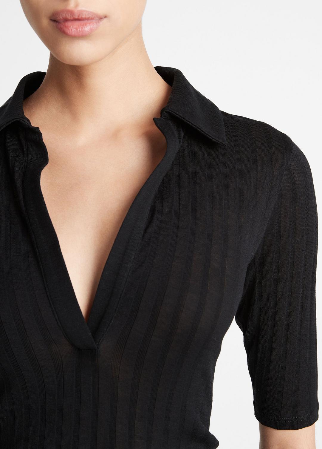 VINCE Women Cotton Elbow-Sleeve Polo Shirt in Short Sleeve BLACK
