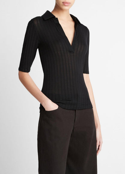 VINCE Women Cotton Elbow-Sleeve Polo Shirt in Short Sleeve BLACK