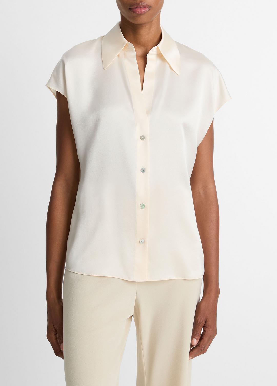 Silk Cap-Sleeve Ruched-Back Blouse in Short Sleeve - CHIFFON | VINCE Women