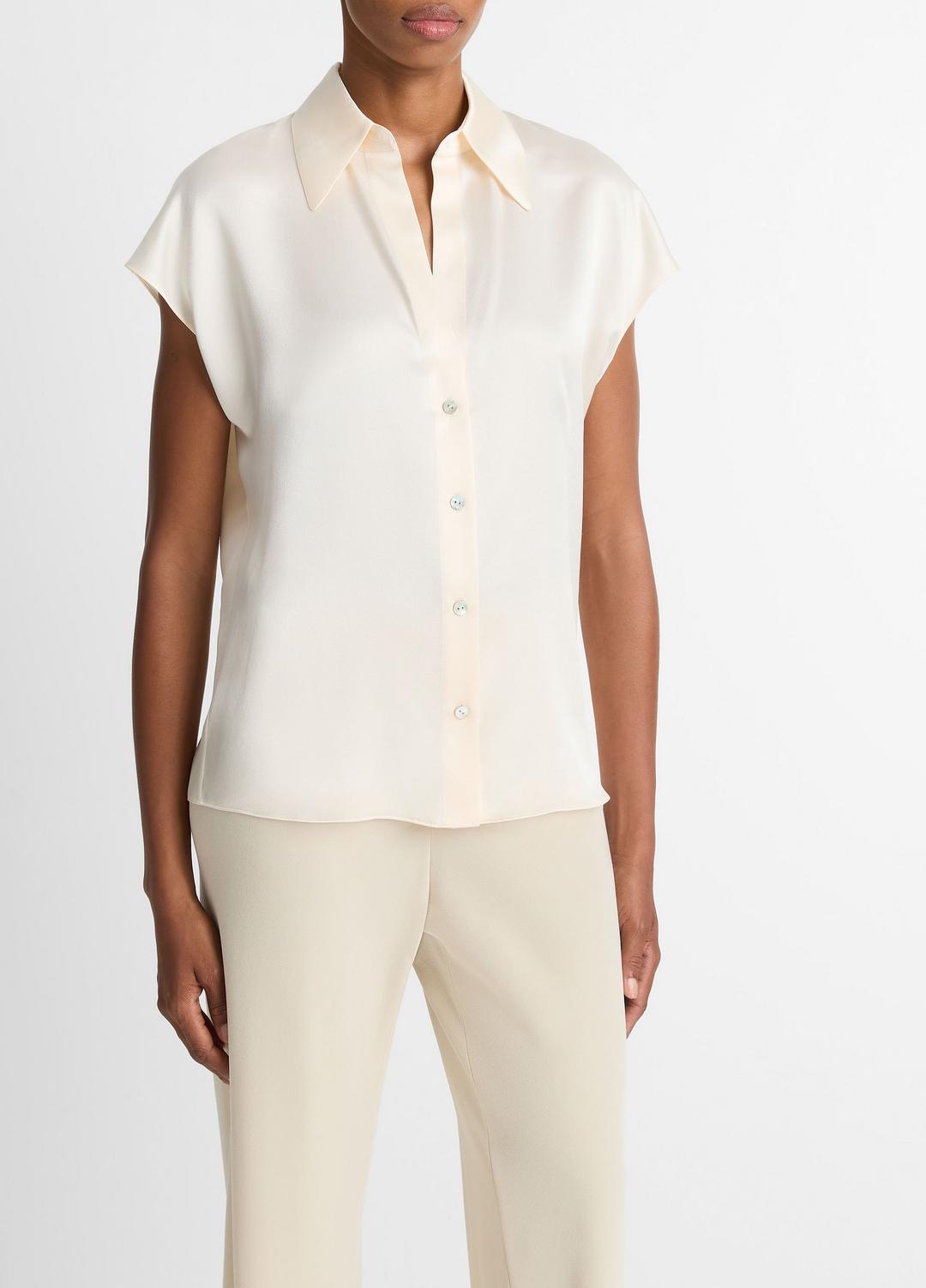 Silk Cap-Sleeve Ruched-Back Blouse in Short Sleeve - CHIFFON | VINCE Women