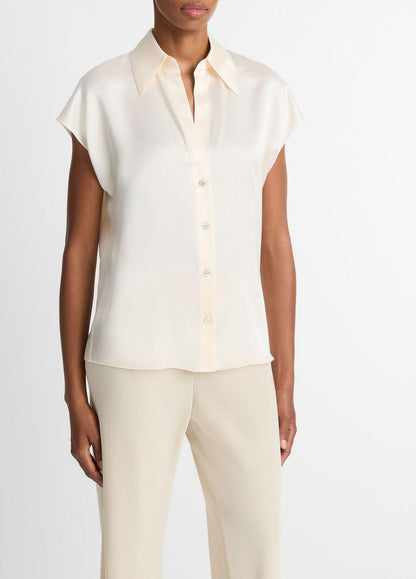 Silk Cap-Sleeve Ruched-Back Blouse in Short Sleeve - CHIFFON | VINCE Women