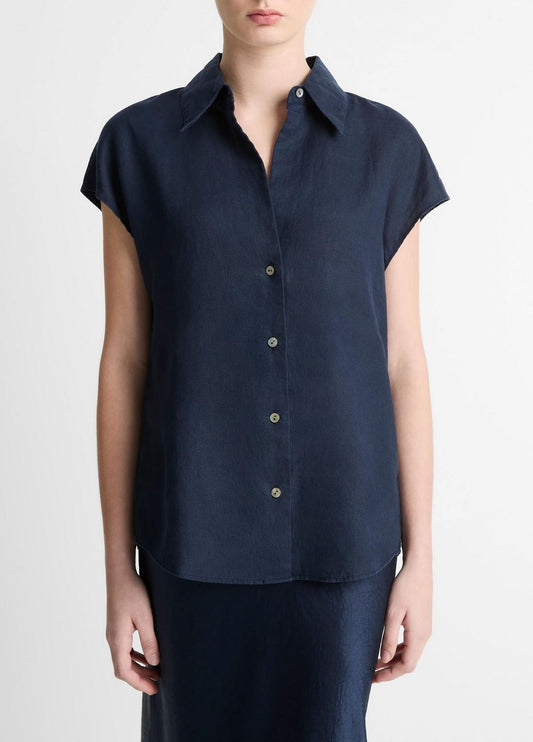 VINCE Women Linen Cap-Sleeve Button-Front Blouse in Short Sleeve COASTAL BLUE