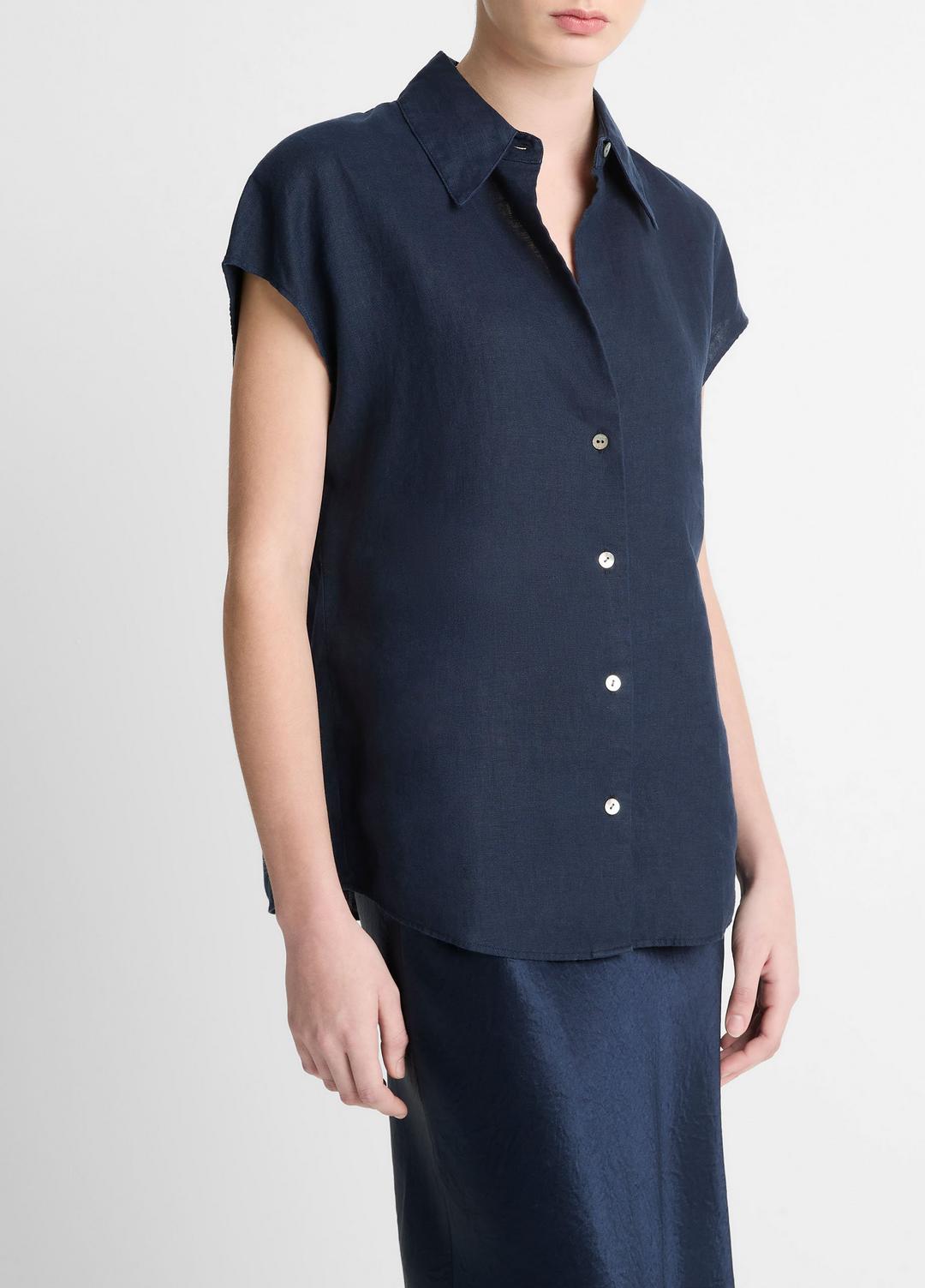 VINCE Women Linen Cap-Sleeve Button-Front Blouse in Short Sleeve COASTAL BLUE