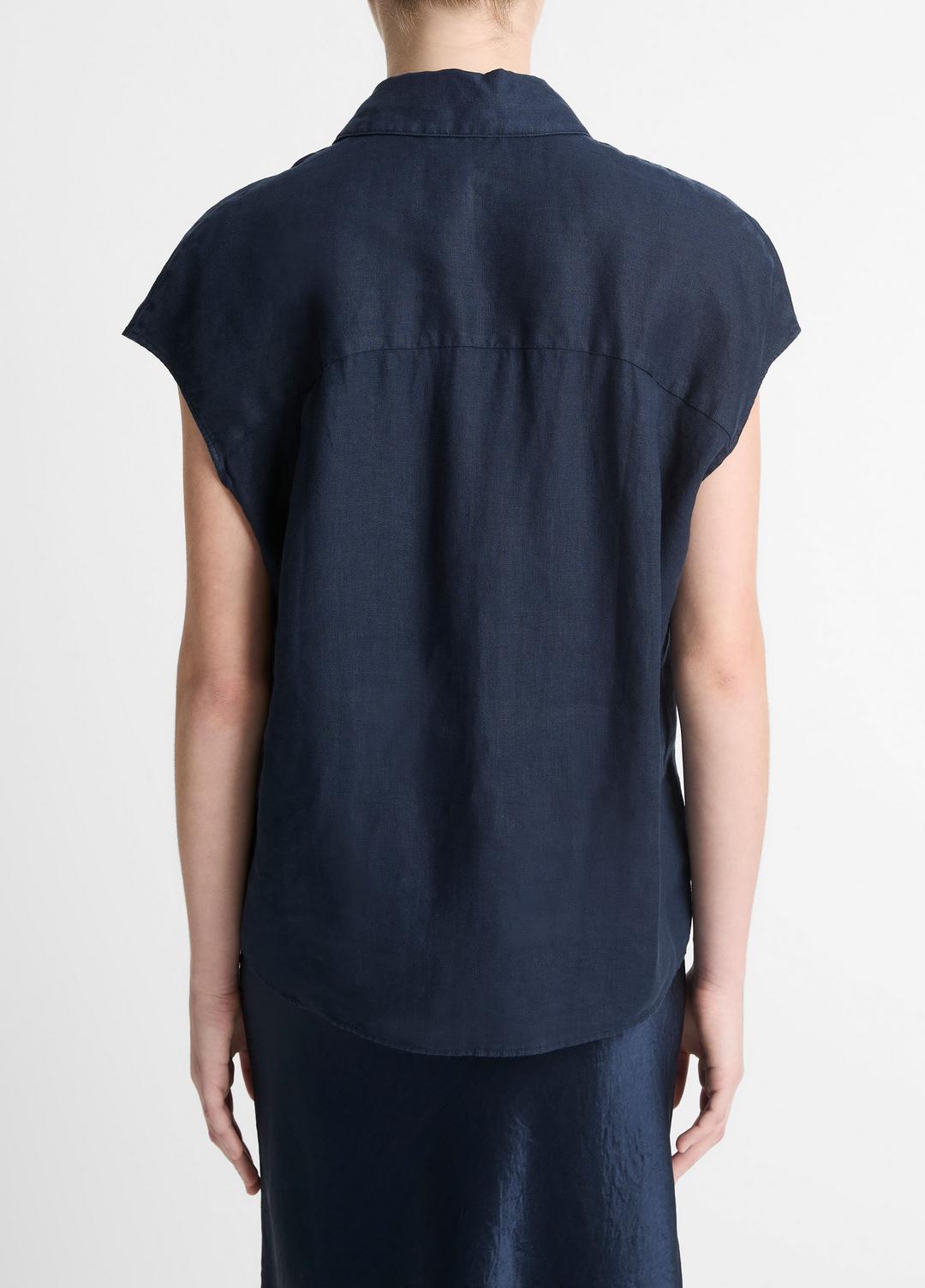 VINCE Women Linen Cap-Sleeve Button-Front Blouse in Short Sleeve COASTAL BLUE