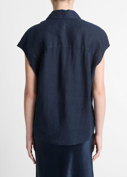 VINCE Women Linen Cap-Sleeve Button-Front Blouse in Short Sleeve COASTAL BLUE
