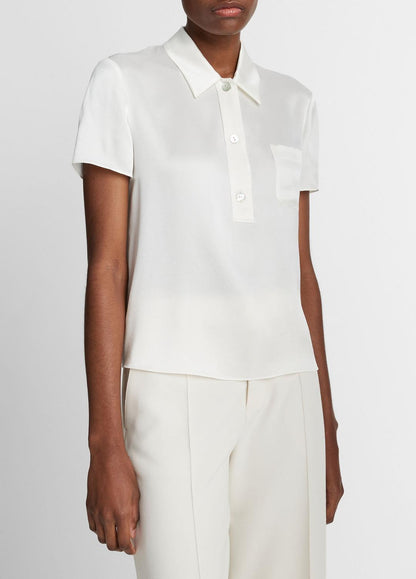 VINCE Women Silk Short-Sleeve Polo Shirt in Short Sleeve OFF WHITE