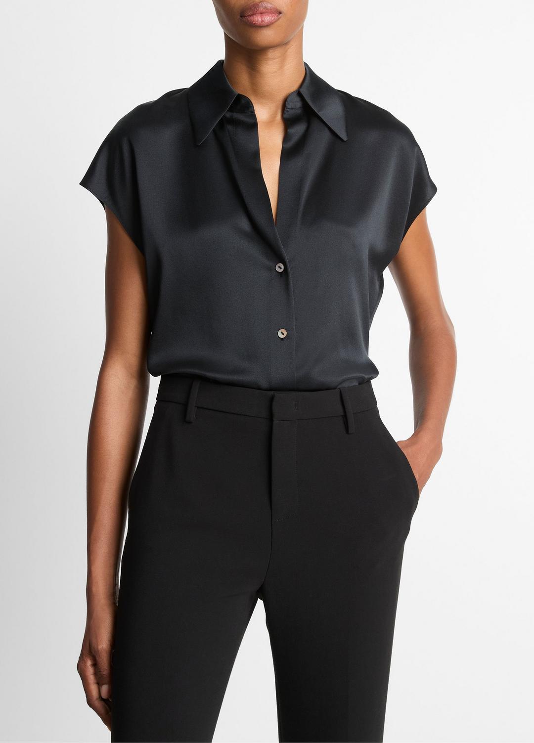 VINCE Women Silk Cap-Sleeve Ruched-Back Blouse in Short Sleeve BLACK