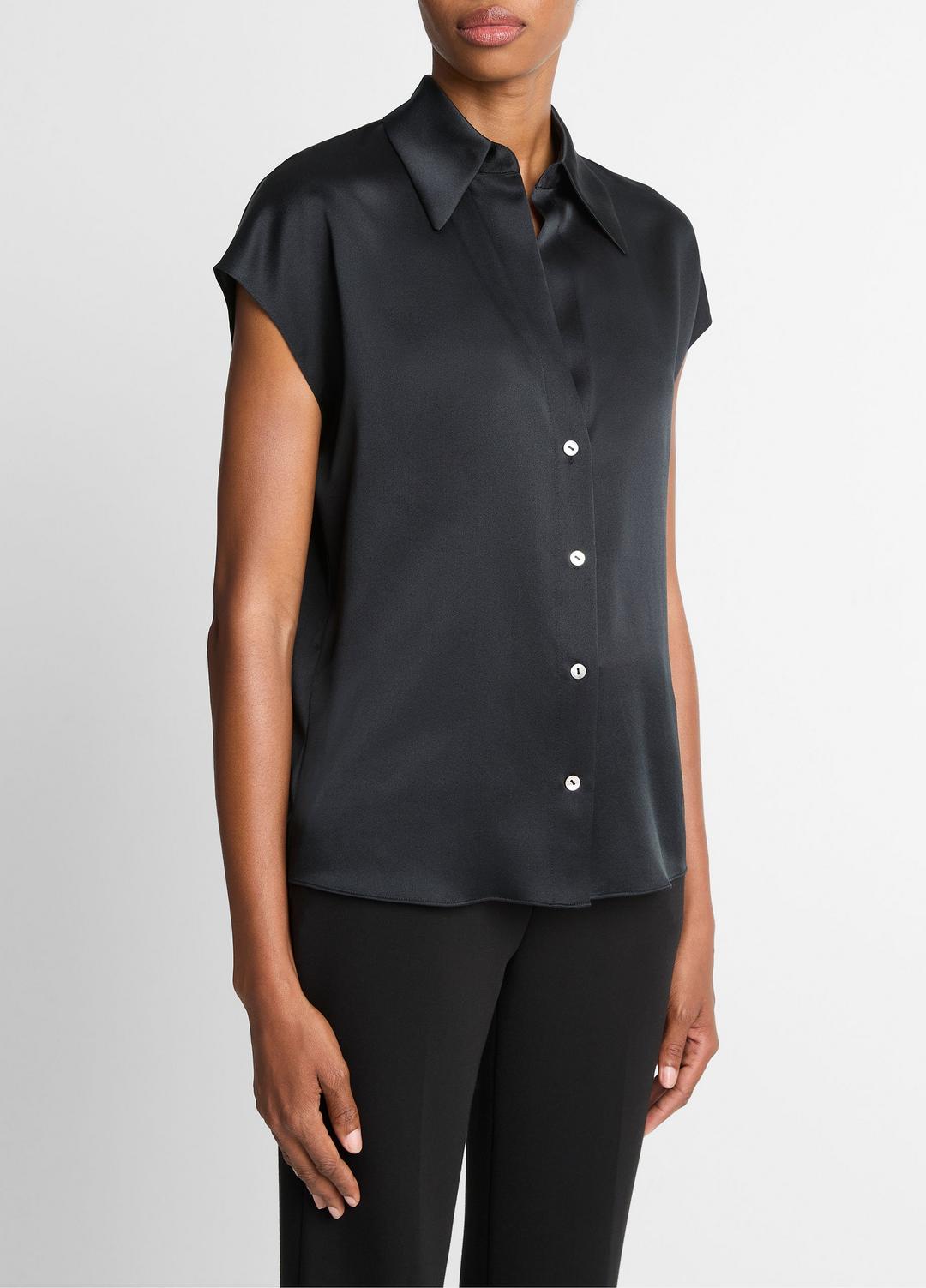 VINCE Women Silk Cap-Sleeve Ruched-Back Blouse in Short Sleeve BLACK