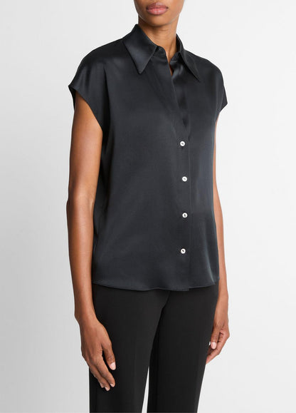 VINCE Women Silk Cap-Sleeve Ruched-Back Blouse in Short Sleeve BLACK