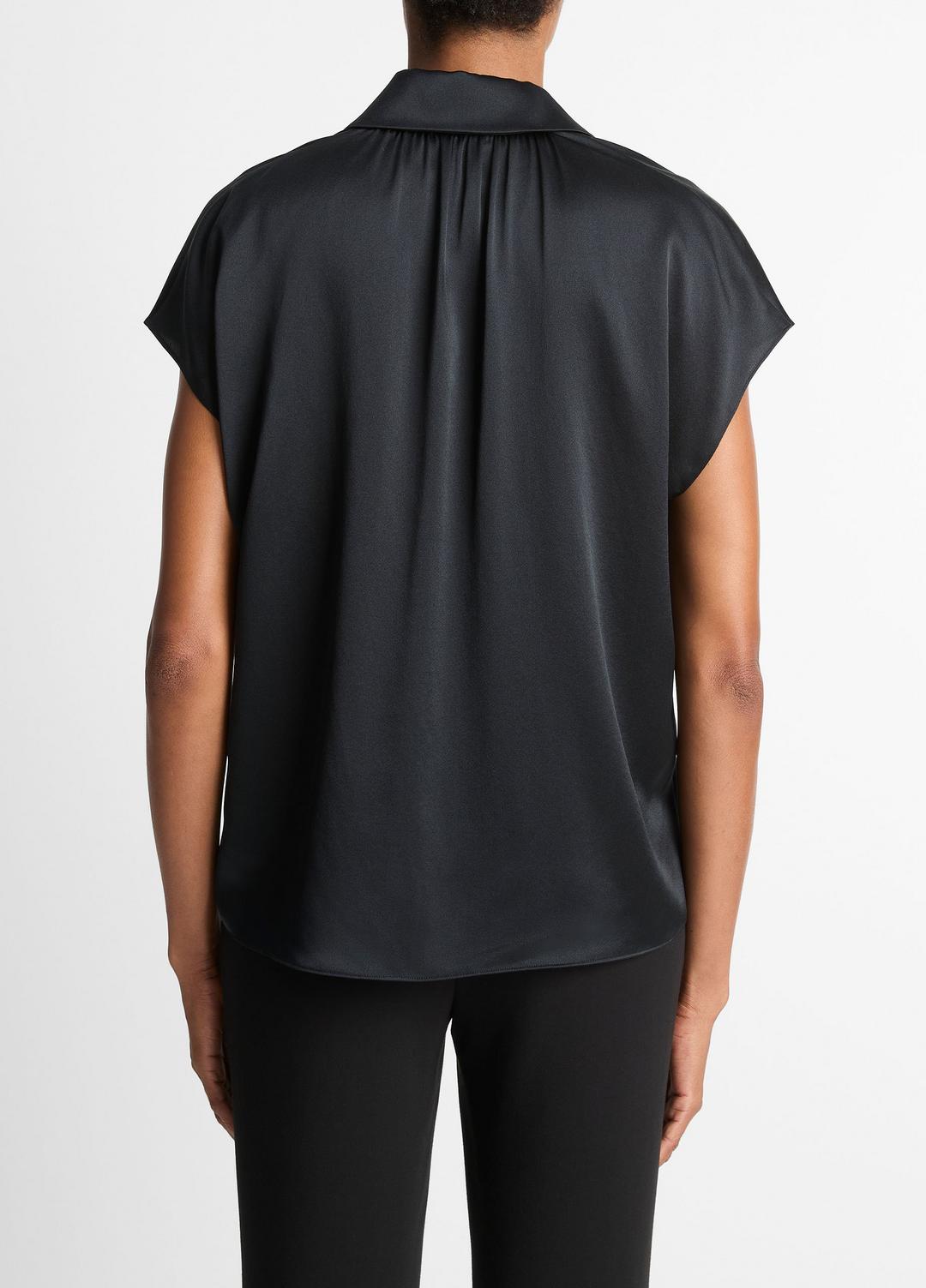 VINCE Women Silk Cap-Sleeve Ruched-Back Blouse in Short Sleeve BLACK