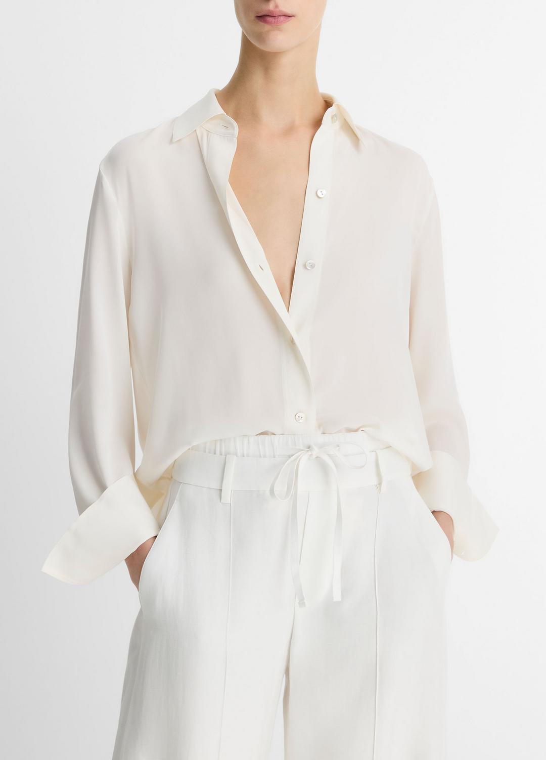 VINCE Women Stretch-Silk Button-Front Blouse in Long Sleeve OFF WHITE