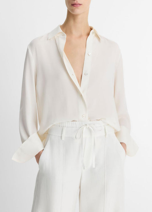 VINCE Women Stretch-Silk Button-Front Blouse in Long Sleeve OFF WHITE