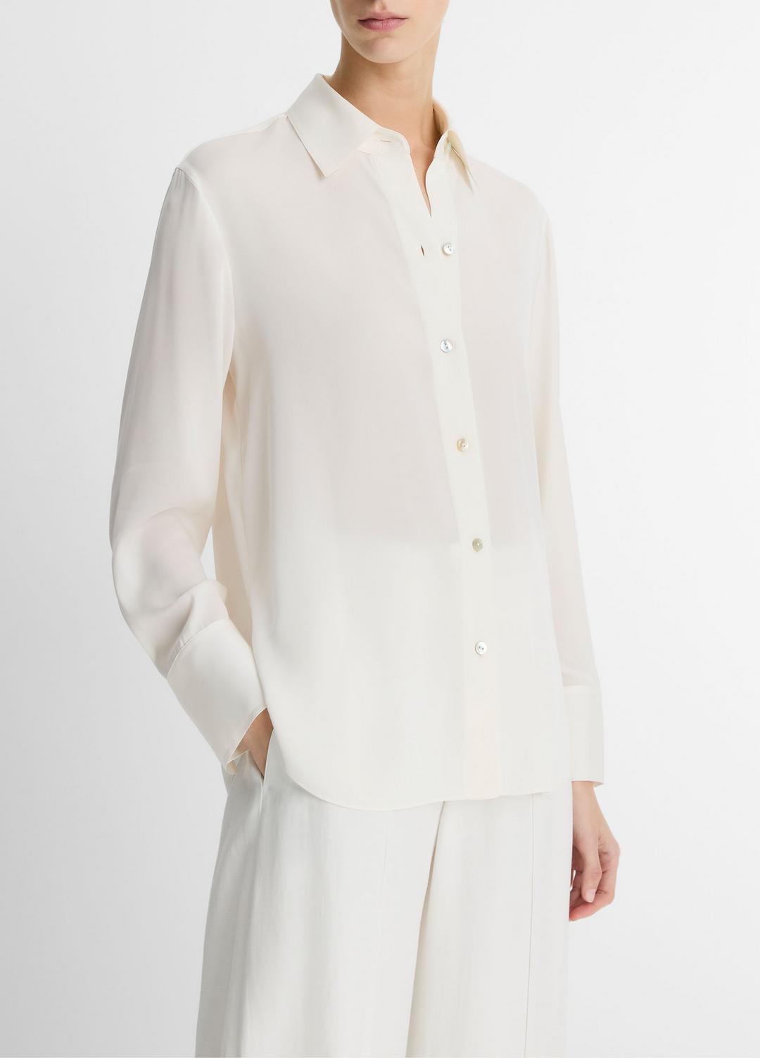 VINCE Women Stretch-Silk Button-Front Blouse in Long Sleeve OFF WHITE