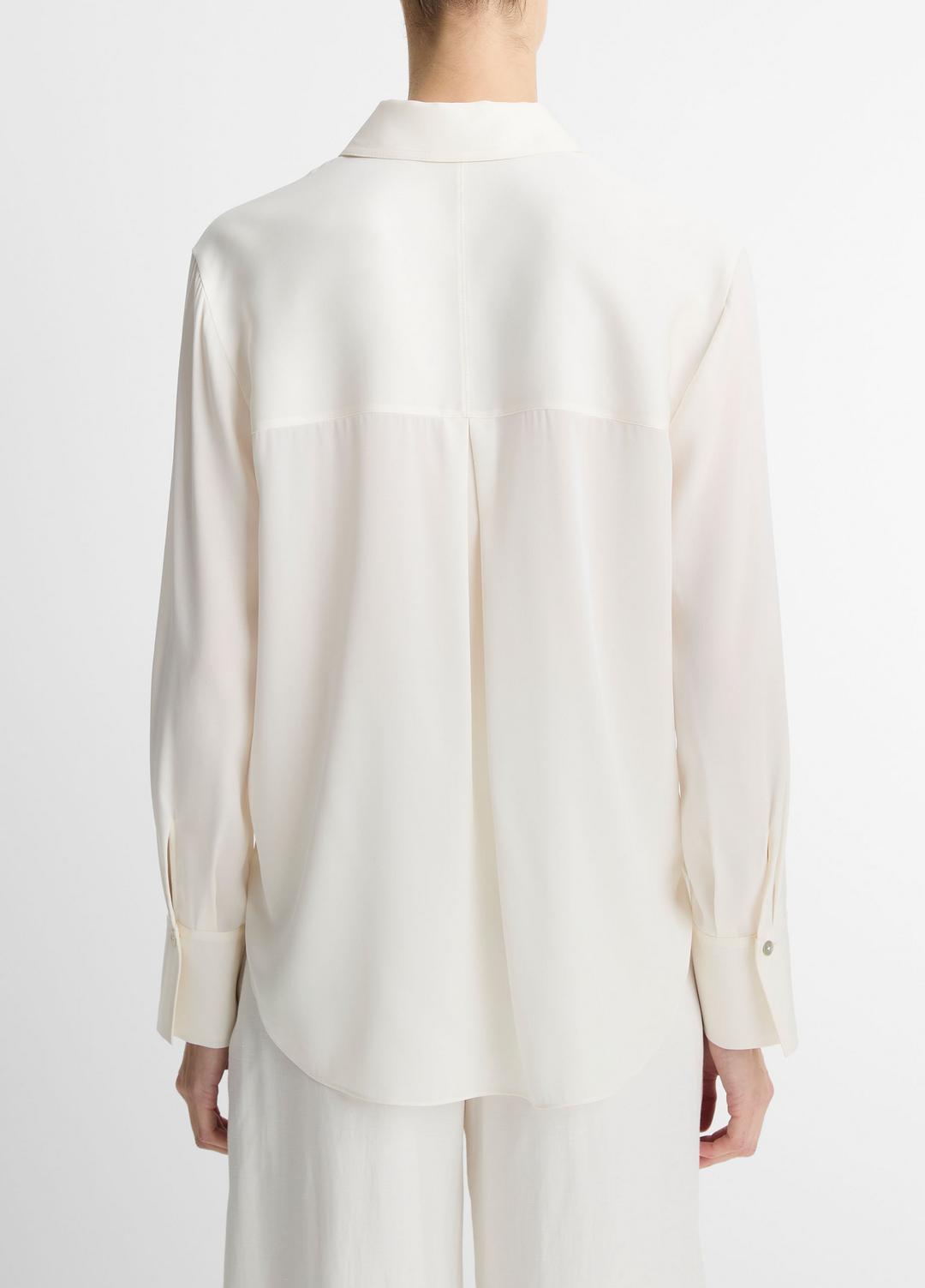 VINCE Women Stretch-Silk Button-Front Blouse in Long Sleeve OFF WHITE