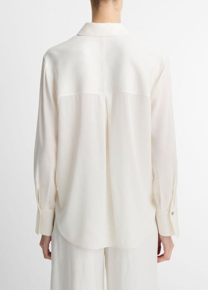 VINCE Women Stretch-Silk Button-Front Blouse in Long Sleeve OFF WHITE