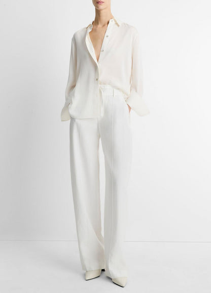 VINCE Women Stretch-Silk Button-Front Blouse in Long Sleeve OFF WHITE