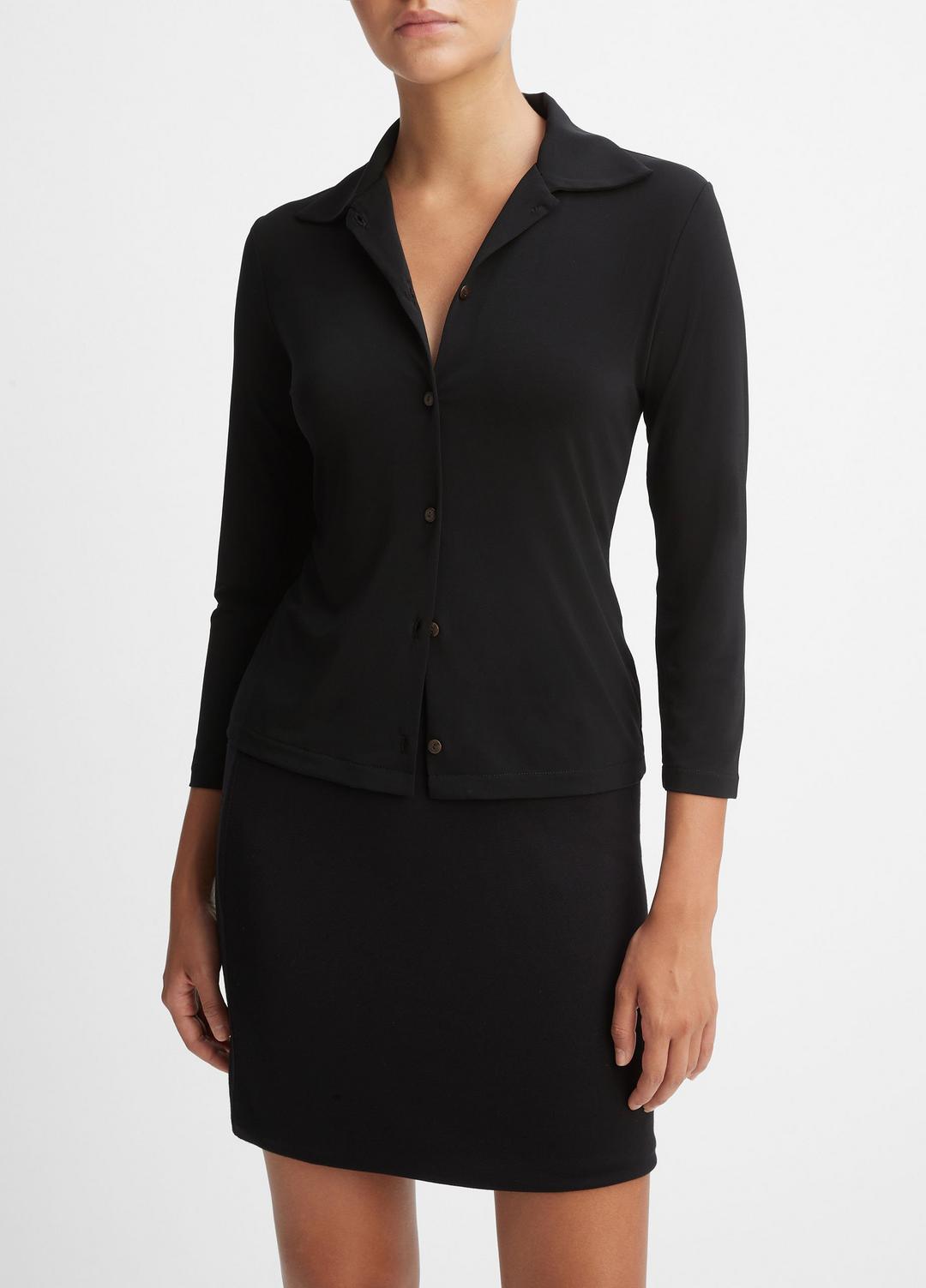 VINCE Women Three-Quarter-Sleeve Button-Front Polo Top in Long Sleeve BLACK