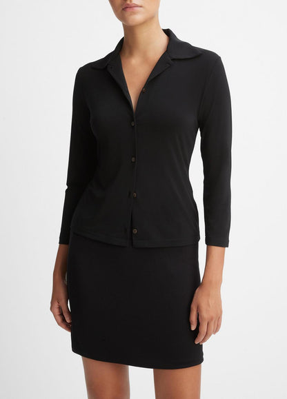 VINCE Women Three-Quarter-Sleeve Button-Front Polo Top in Long Sleeve BLACK