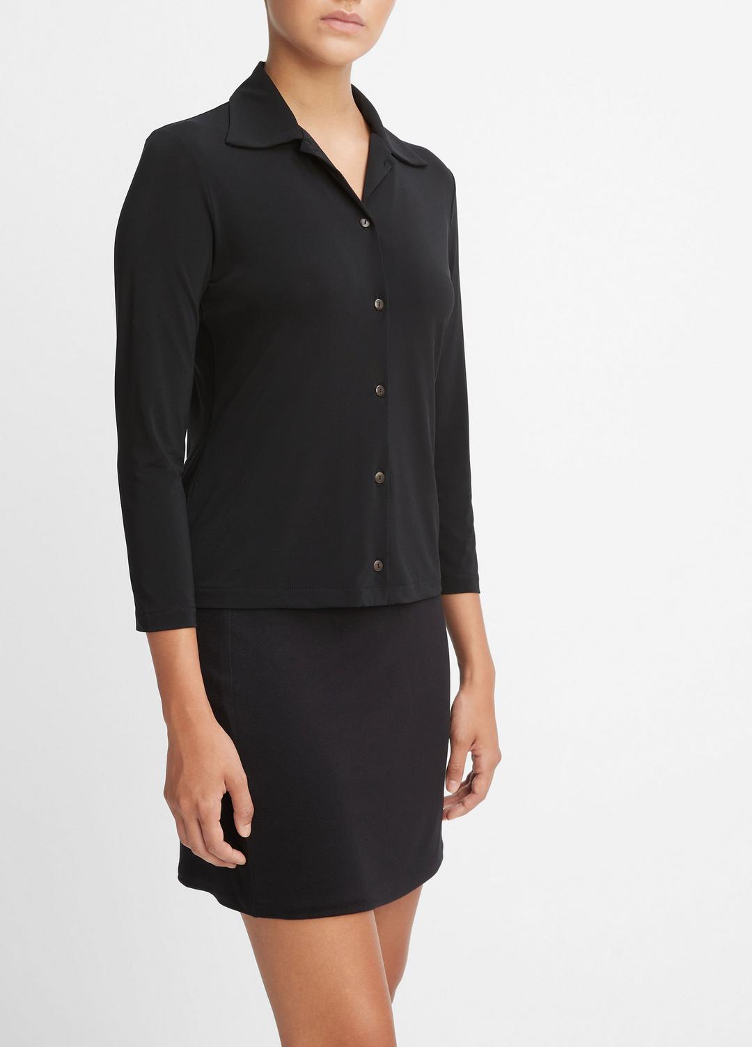 VINCE Women Three-Quarter-Sleeve Button-Front Polo Top in Long Sleeve BLACK