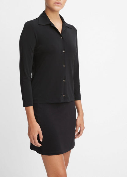 VINCE Women Three-Quarter-Sleeve Button-Front Polo Top in Long Sleeve BLACK