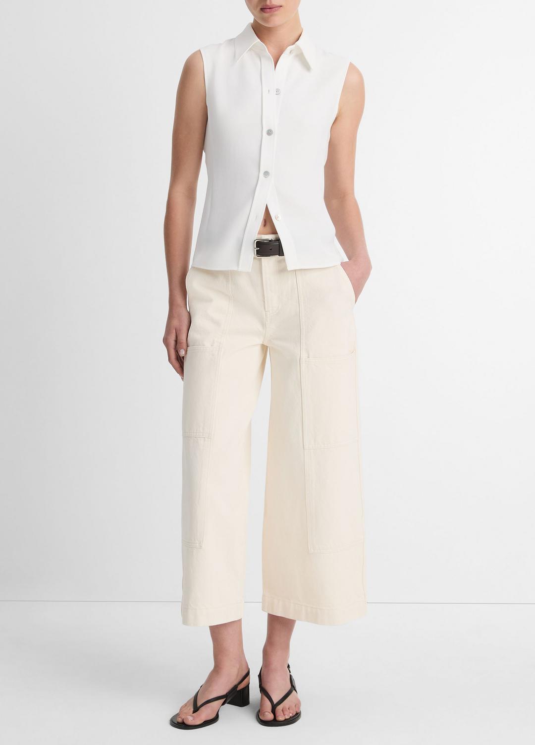 VINCE Women Sleeveless Button-Front Shirt in Short Sleeve OFF WHITE
