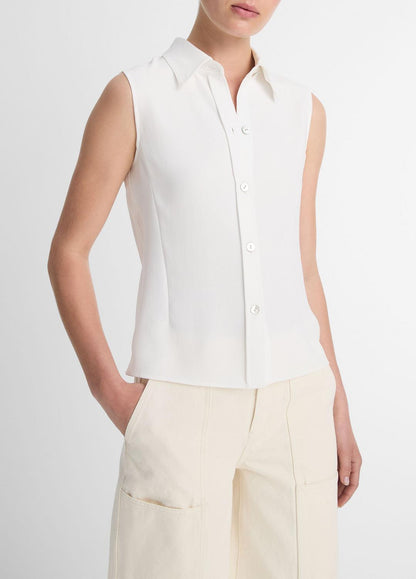 VINCE Women Sleeveless Button-Front Shirt in Short Sleeve OFF WHITE