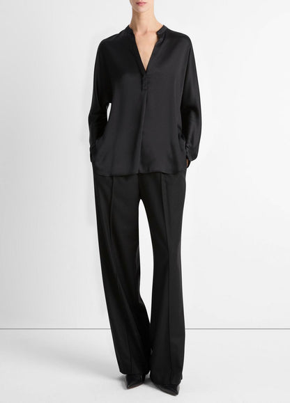 VINCE Women Silk Satin Band-Collar Blouse in Long Sleeve BLACK